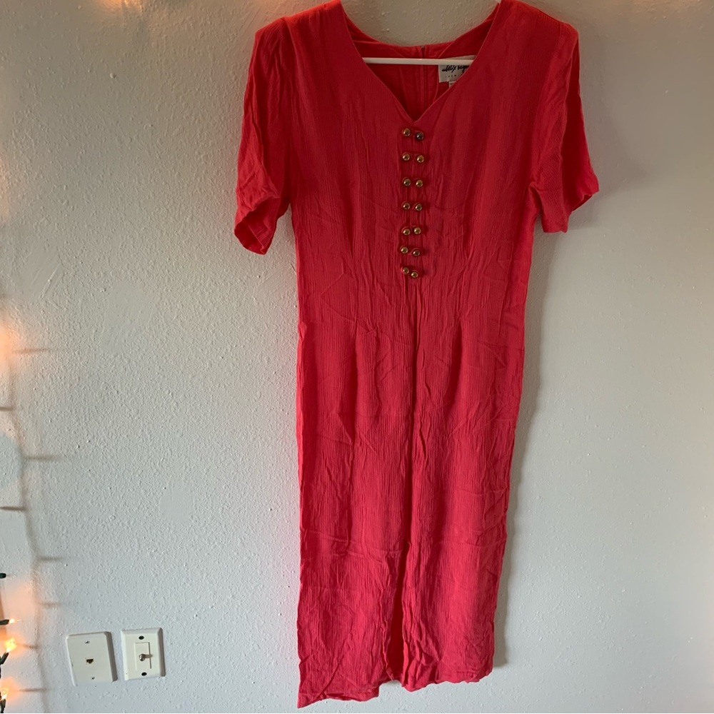 Vintage maxi dress with short sleeves, slit, and faux buttons
